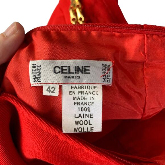 Celine Paris Pencil Skirt Womens Size 42 Red 100% Wool Gold Chain 8" Side Zip - Picture 2 of 9